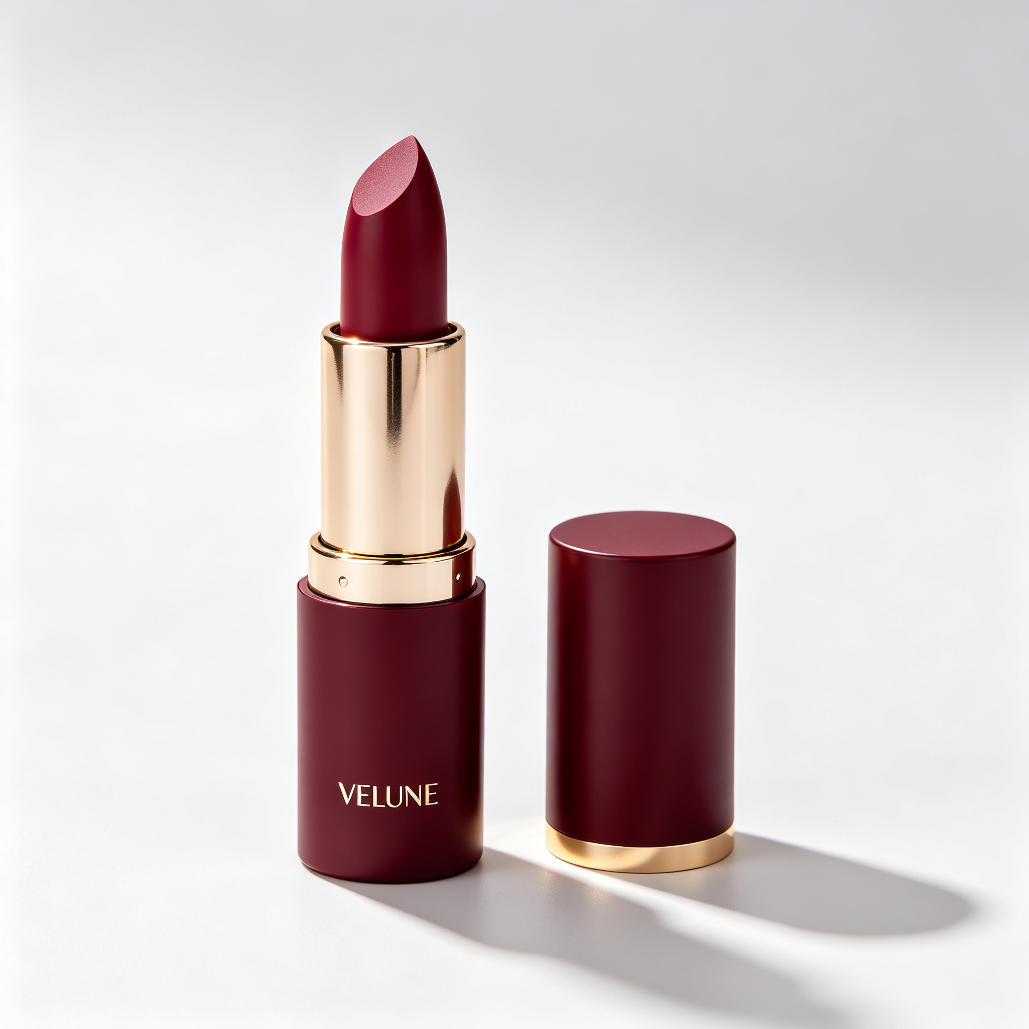 VELUNE burgundy lipstick with gold barrel
